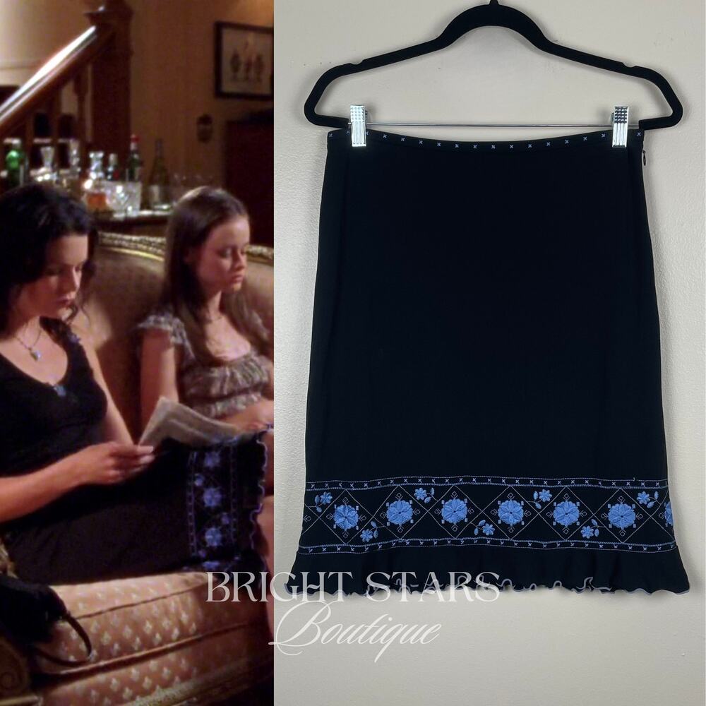 Rare Embroidered Skirt ASO Lorelai Gilmore Girls Vintage Black Blue Embroidered